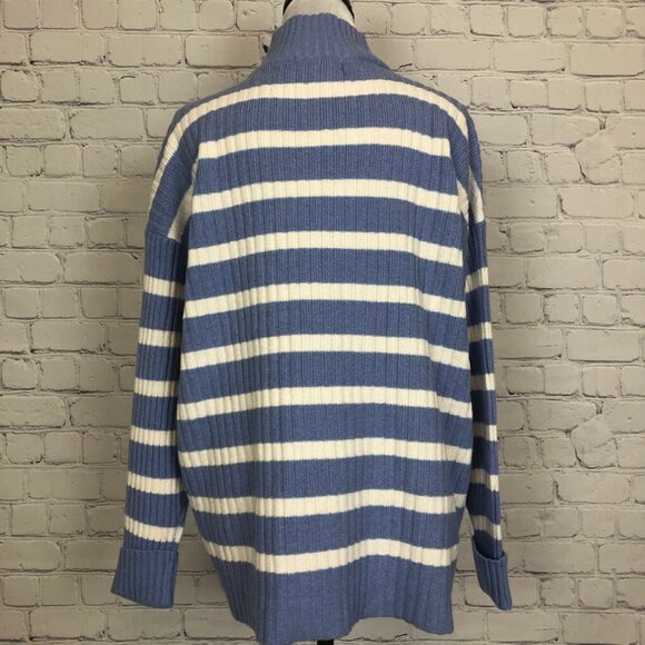 NWT LOFT Ribbed Mockneck Sweater Size M Blue White Stripe Oversized - Picture 3 of 8